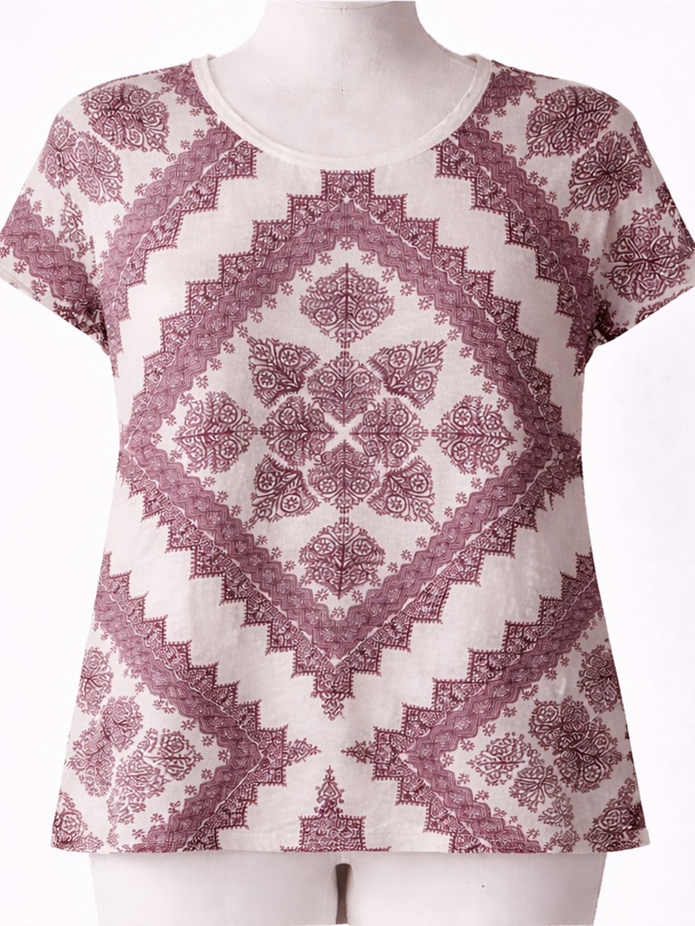 LUCKY BRAND Size M Womens Cream Burgundy Folk Boho Print Short Sleeve Top Tee